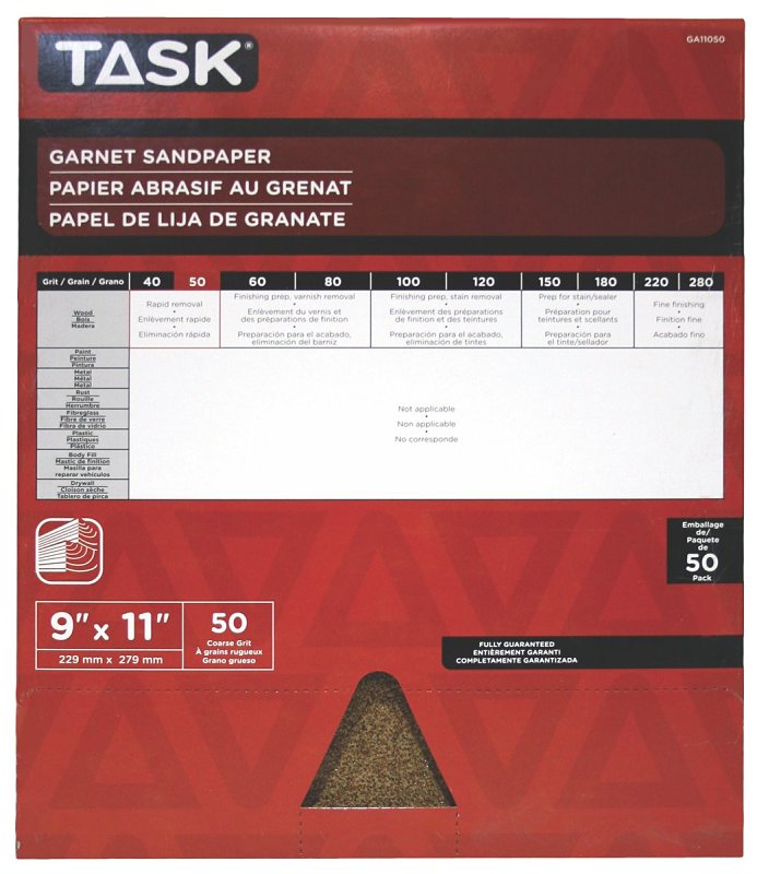 Task GA11050 Sandpaper, 11 in L, 9 in W, Coarse, 50 Grit, Garnet Abrasive