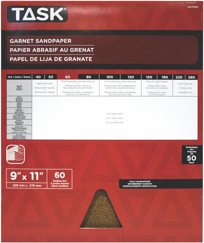 Task GA11060 Sandpaper, 11 in L, 9 in W, Medium, 60 Grit, Garnet Abrasive