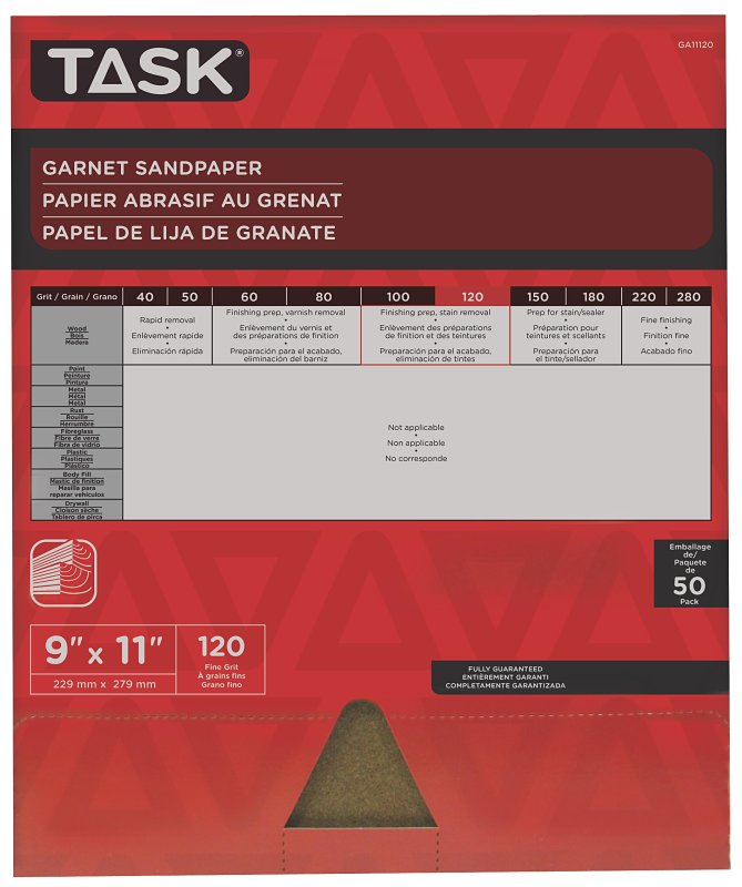 Task GA11120 Sandpaper, 11 in L, 9 in W, Fine, 120 Grit, Garnet Abrasive