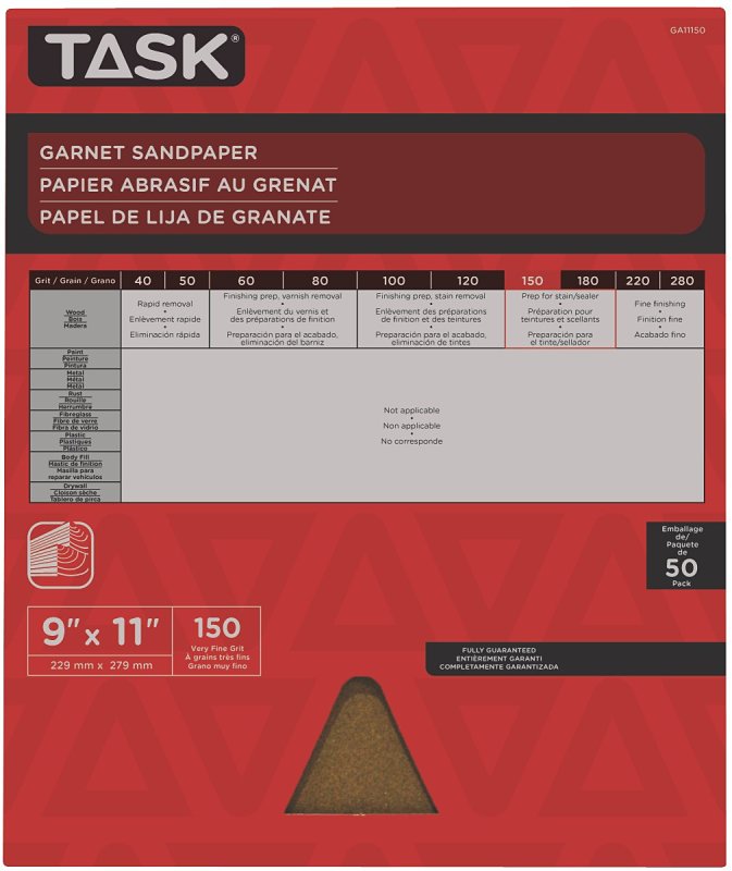 Task GA11150 Sandpaper, 11 in L, 9 in W, Very Fine, 150 Grit, Garnet Abrasive