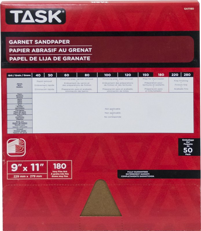 Task GA11180 Sandpaper, 11 in L, 9 in W, Very Fine, 180 Grit, Garnet Abrasive