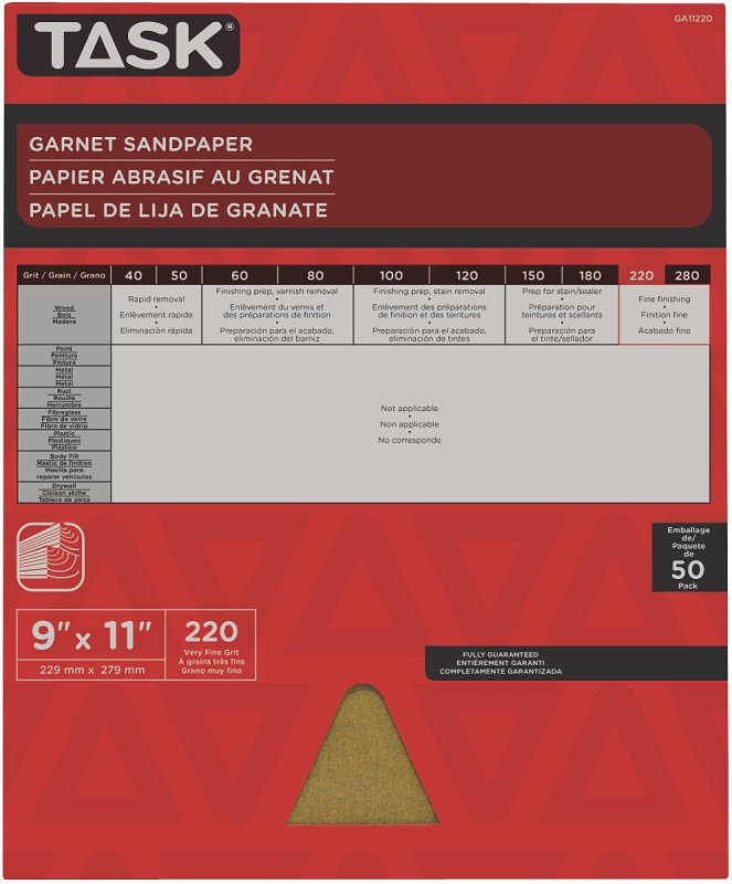 Task GA11220 Sandpaper, 11 in L, 9 in W, Very Fine, 220 Grit, Garnet Abrasive