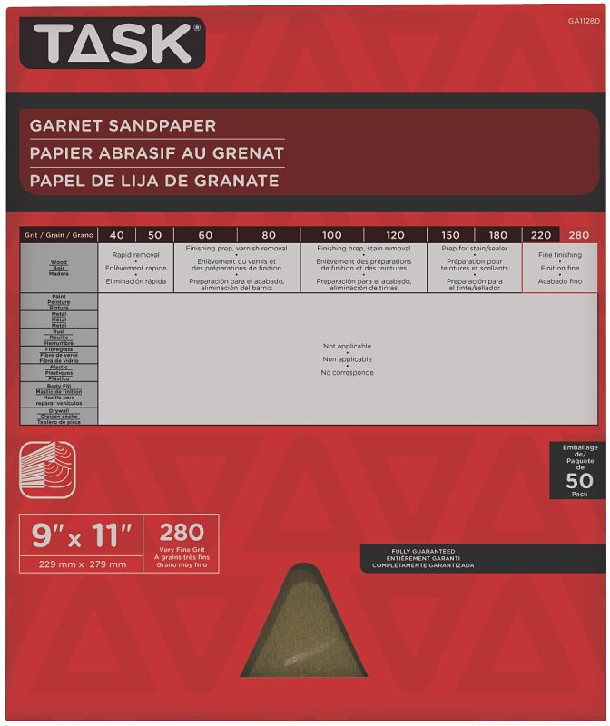 Task GA11280 Sandpaper, 11 in L, 9 in W, Very Fine, 280 Grit, Garnet Abrasive