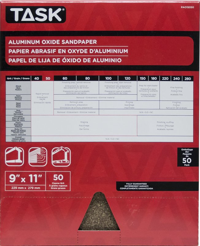 Task PAO15050 Sandpaper, 11 in L, 9 in W, Coarse, 50 Grit, Aluminum Oxide Abrasive, Paper Backing