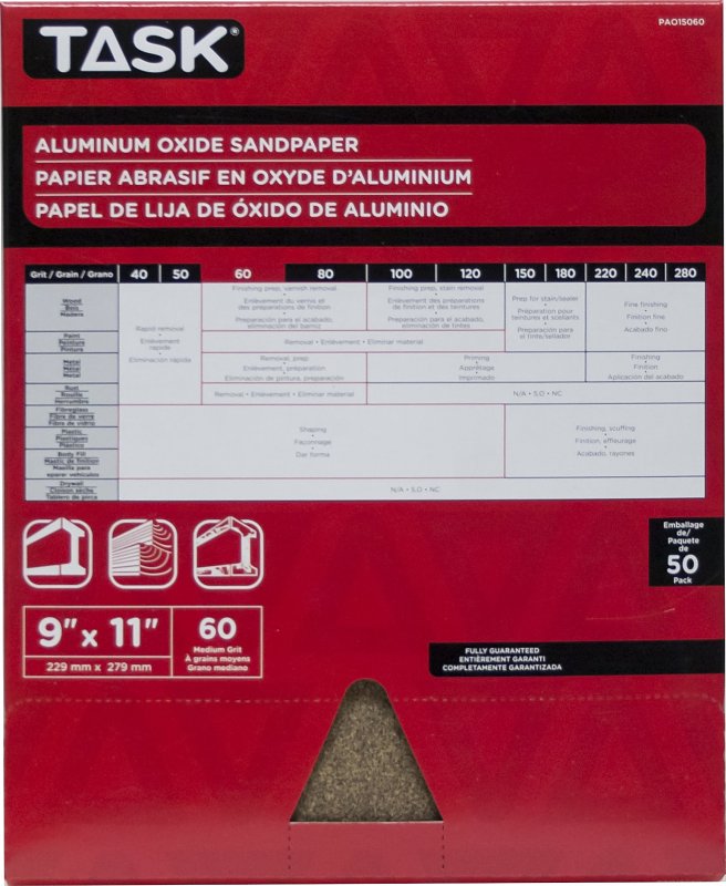 Task PREMIUM Series PAO15060 Sandpaper, 11 in L, 9 in W, Medium, 60 Grit, Aluminum Oxide Abrasive, Paper Backing
