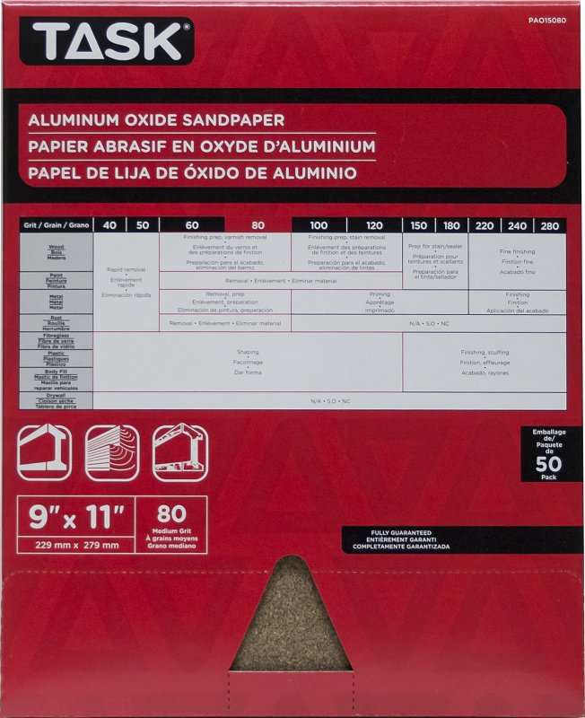 Task PAO15080 Sandpaper, 11 in L, 9 in W, Medium, 80 Grit, Aluminum Oxide Abrasive, Paper Backing