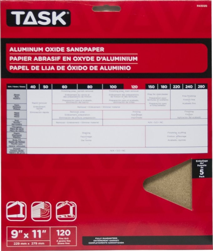 Task PA15120 Sandpaper, 11 in L, 9 in W, Fine, 120 Grit, Aluminum Oxide Abrasive, Paper Backing