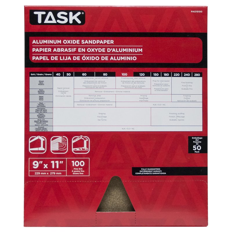 Task PREMIUM Series PAO15100 Sandpaper, 11 in L, 9 in W, Fine, 100 Grit, Aluminum Oxide Abrasive, Paper Backing