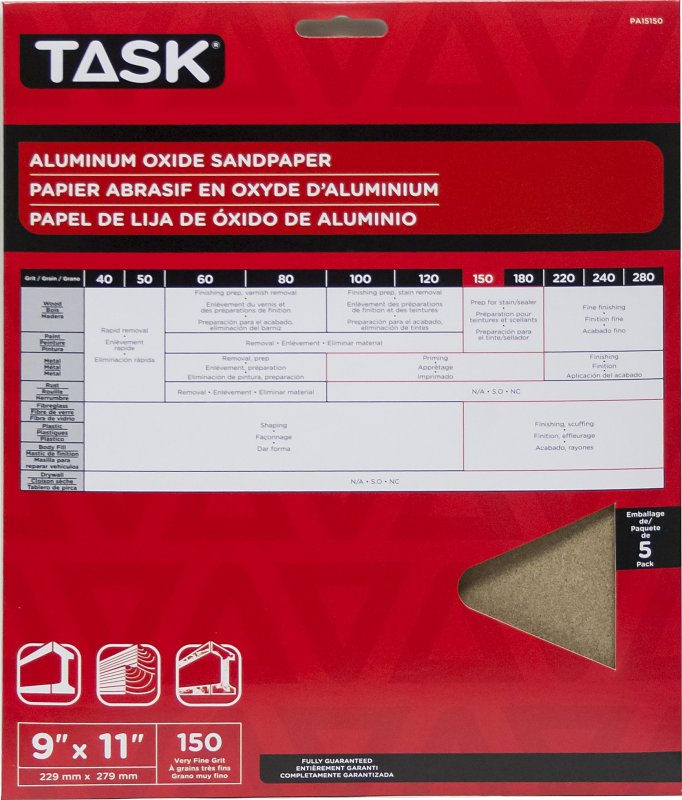 Task PREMIUM Series PA15150 Sandpaper, 11 in L, 9 in W, Very Fine, 150 Grit, Aluminum Oxide Abrasive, Paper Backing