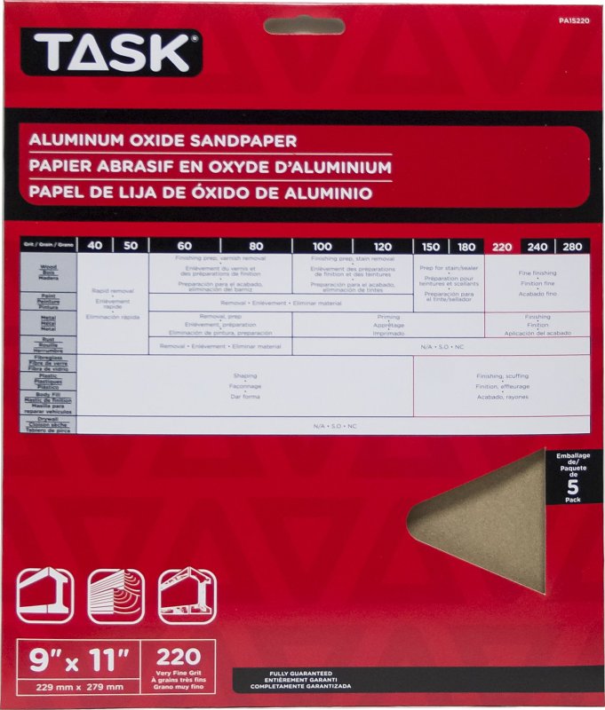 Task PA15220 Sandpaper, 11 in L, 9 in W, Very Fine, 220 Grit, Aluminum Oxide Abrasive, Paper Backing, 5/PK
