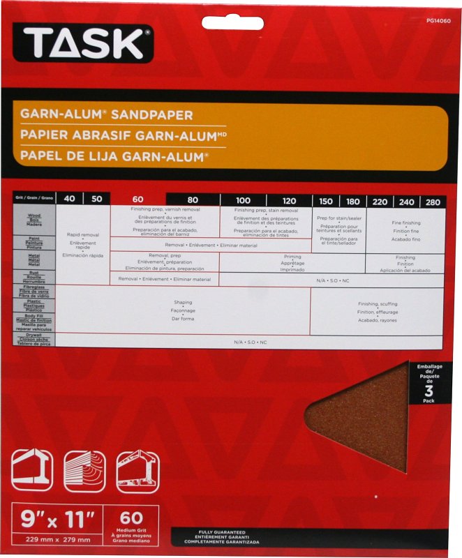 Task Garn-Alum Series PG14060 Sandpaper, 11 in L, 9 in W, Medium, 60 Grit, Aluminum Oxide, Kraft Paper Backing, 3/PK
