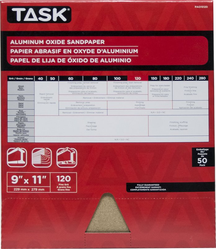 Task PREMIUM Series PAO15120 Sandpaper, 11 in L, 9 in W, Fine, 120 Grit, Aluminum Oxide Abrasive, Paper Backing
