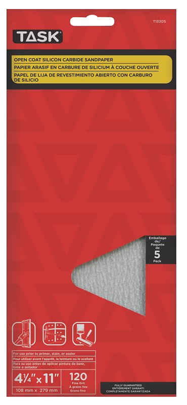 Task T13305 Drywall Sandpaper, 11 in L, 4-1/4 in W, 120 Grit, Fine, Silicone Carbide Abrasive, 5/PK