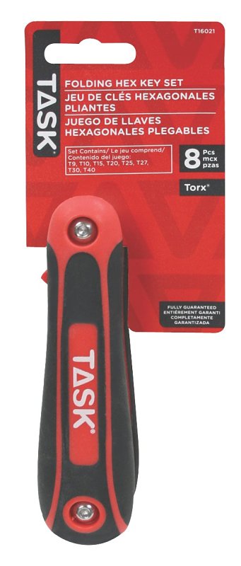 Task T16021 Hex Key Set, Includes: T9, T10, T15, T20, T25, T27, T30, T40 Tips, 8-Piece, Chrome Vanadium Steel, Black