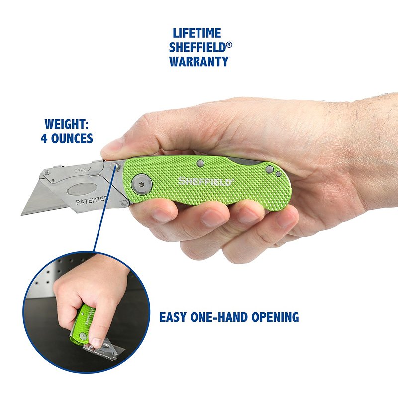 Sheffield 12615 Utility Knife, 1-Blade, Hi-Viz Green Handle