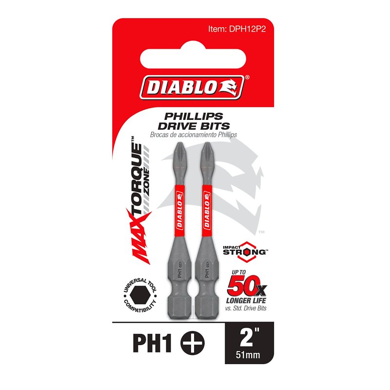 Diablo DPH12P2 Drive Bit, #1 Drive, Phillips Drive, 1/4 in Shank, Hex Shank, 2 in L