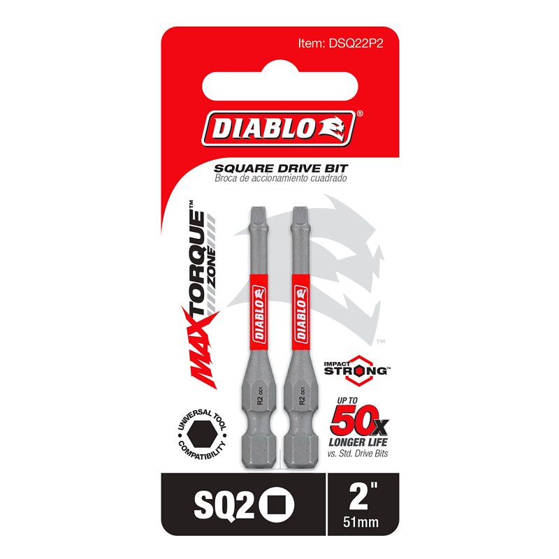 Diablo DSQ22P2 Drive Bit, #2 Drive, Square Drive, 1/4 in Shank, Hex Shank, 2 in L