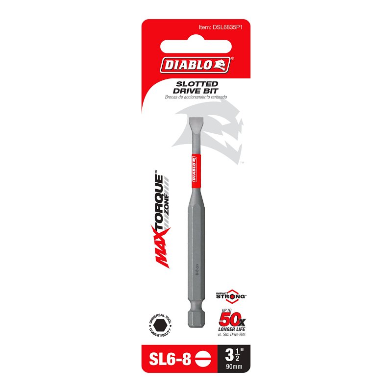 Diablo DSL6835P1 Drive Bit, #6 to 8 Drive, Slotted Drive, 1/4 in Shank, Hex Shank, 3-1/2 in L