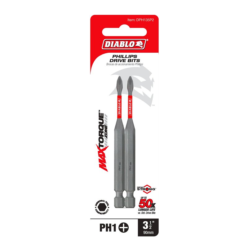 Diablo DPH135P2 Drive Bit, #1 Drive, Phillips Drive, 1/4 in Shank, Hex Shank, 3-1/2 in L