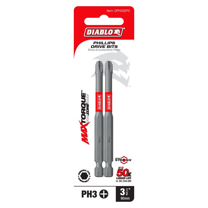 Diablo DPH335P2 Drive Bit, #3 Drive, Phillips Drive, 1/4 in Shank, Hex Shank, 3-1/2 in L