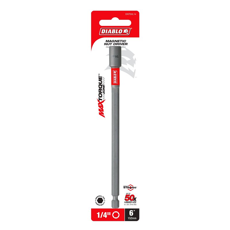 Diablo DNTSXL14 Magnetic Nut Setter, 1/4 in Drive, 5 in L, 1/4 in L Shank, Hex Shank