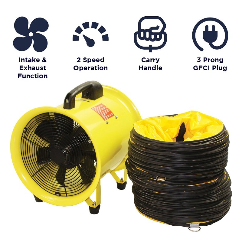 MaxxAir HVHF 12COMBO Confined Space Ventilator and Polyvinyl Hose, 120 V, 2000 cfm Air, Steel, Industrial Yellow