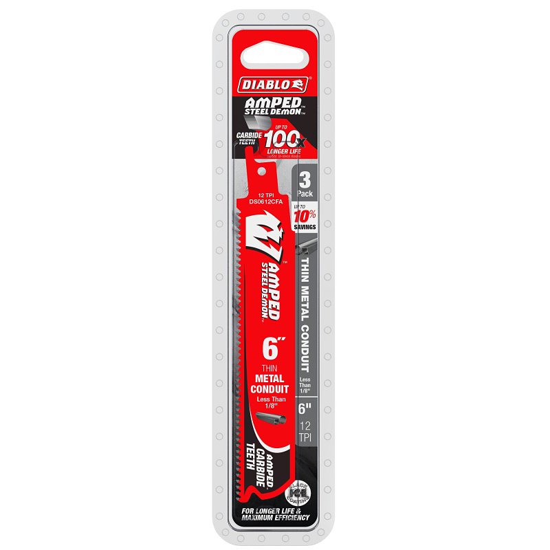 Diablo AMPED Steel Demon DS0612CFA3 Reciprocating Saw Blade, 6 in L, 12 TPI, Carbide Cutting Edge