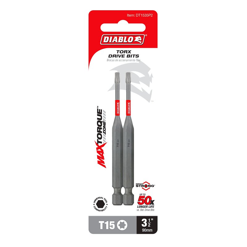 Diablo DT1535P2 Drive Bit, #15 Drive, Torx Drive, 1/4 in Shank, Hex Shank, 3-1/2 in L