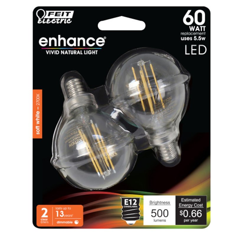 Feit Electric BPG1660/927CA/FIL/2 Filament LED Bulb, Globe, G16-1/2 Lamp, 60 W Equivalent, E12 Candelabra Lamp Base