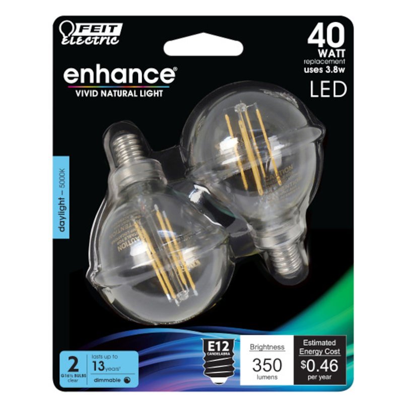 Feit Electric BPG1640950CAFIL/2 LED Light Bulb, Globe, 500 Lumens, 5.5 W, G16 Lamp, E12 Lamp Base, Dimmable, 2 PK
