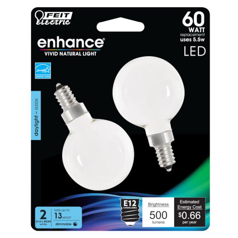 Feit Electric BPG1660W950CAFIL2 LED Light Bulb, Globe, G16 Lamp, 60 W Equivalent, E12 Lamp Base, Dimmable