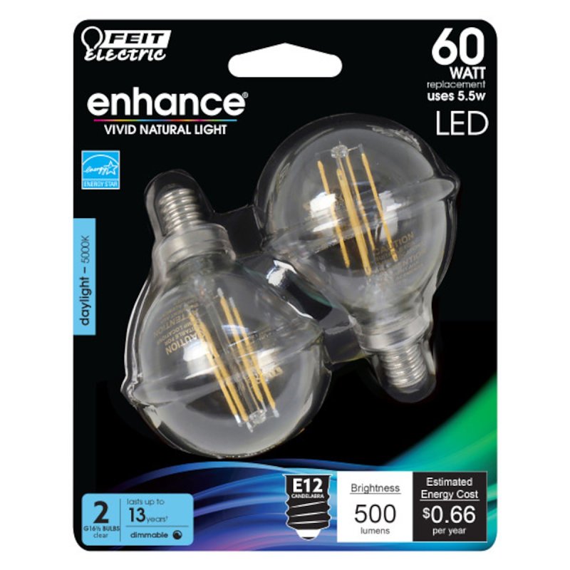 Feit Electric BPG1660950CAFIL/2 LED Light Bulb, Globe, 500 Lumens, 5.5 W, G16 Lamp, E12 Lamp Base, Dimmable