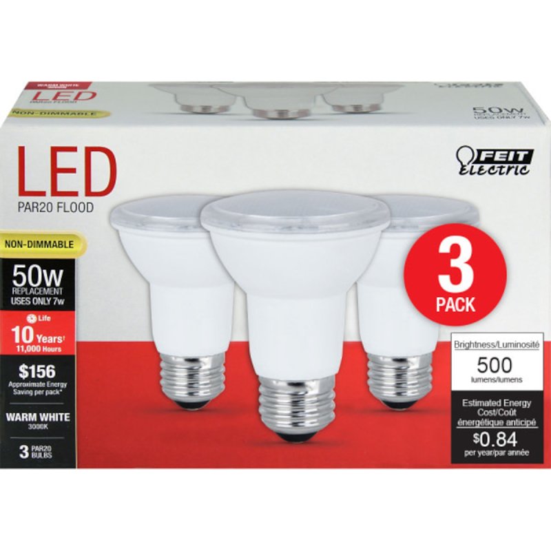 Feit Electric PAR2050/10KLED/3 LED Lamp, Flood/Spotlight, PAR20 Lamp, 50 W Equivalent, E26 Lamp Base, 3000 K Color Temp