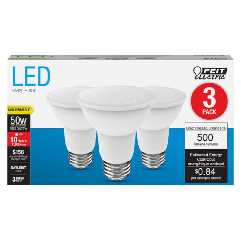 Feit Electric PAR2050/850/10KLE LED Lamp, Flood/Spotlight, PAR20 Lamp, 50 W Equivalent, E26 Lamp Base, 5000 K Color Temp