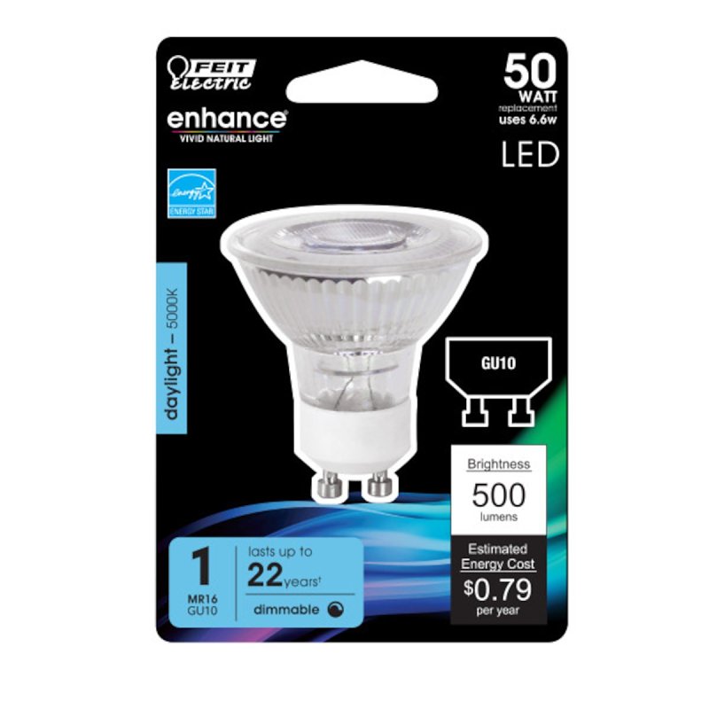 Feit Electric BPMR16GU10/500/95 LED Lamp, 120 V, 450 Lumens, 6 W, MR16 Lamp, 50 W Equivalent, GU10 Lamp Base