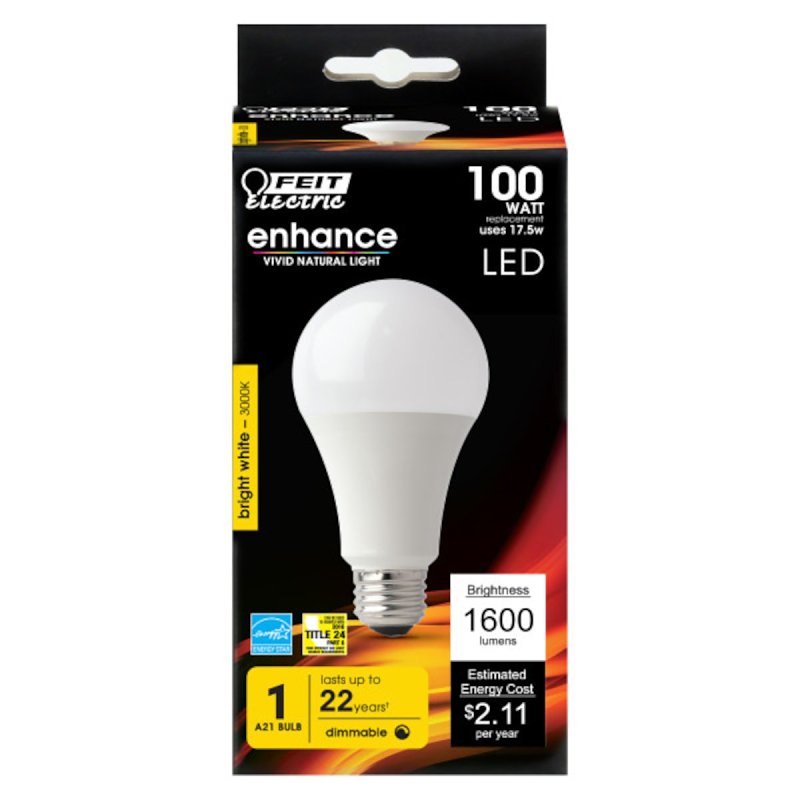 Feit Electric OM100DM/930CA LED Lamp, 120 V, 1600 Lumens, 17.5 W, A21 Lamp, 100 W Equivalent, E26 Lamp Base