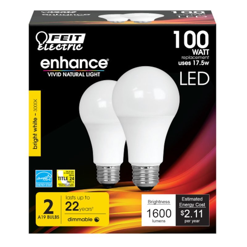 Feit Electric OM100DM/930CA/2 LED Lamp, General Purpose, 1600 Lumens, 17.5 W, A21 Lamp, 100 W Equivalent, E26 Lamp Base