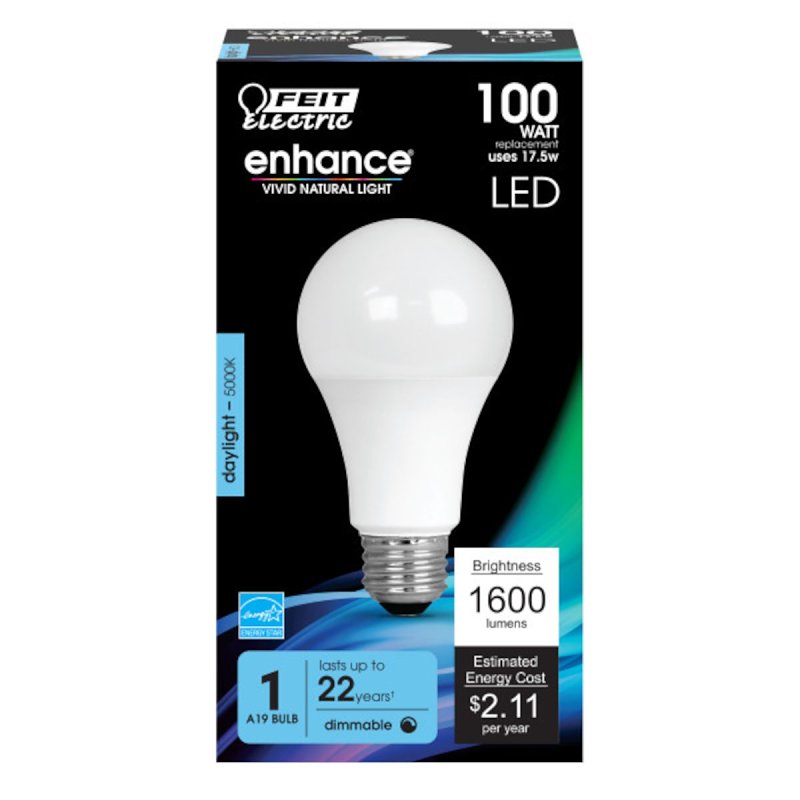 Feit Electric OM100DM LED Lamp, 120 V, 1600 Lumens, 17.5 W, A19 Lamp, 100 W Equivalent, E26 Lamp Base