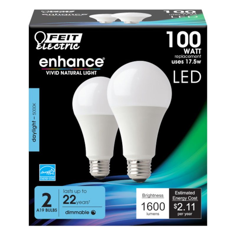Feit Electric OM100DM/950CA/2 LED Lamp, General Purpose, 1600 Lumens, 17.5 W, A19 Lamp, 100 W Equivalent, E26 Lamp Base