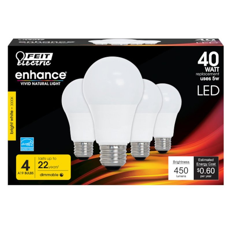 Feit Electric OM40DM/930CA/4 LED Lamp, 120 V, 450 Lumens, 5 W, A19 Lamp, 40 W Equivalent, E26 Lamp Base