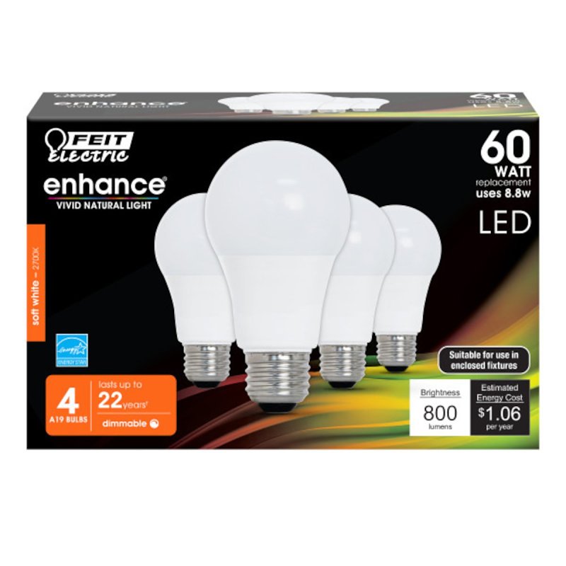 Feit Electric OM60DM/927CA/4 LED Bulb, General-Purpose, A19 Lamp, 60 W Equivalent, E26 Medium Lamp Base, Dimmable