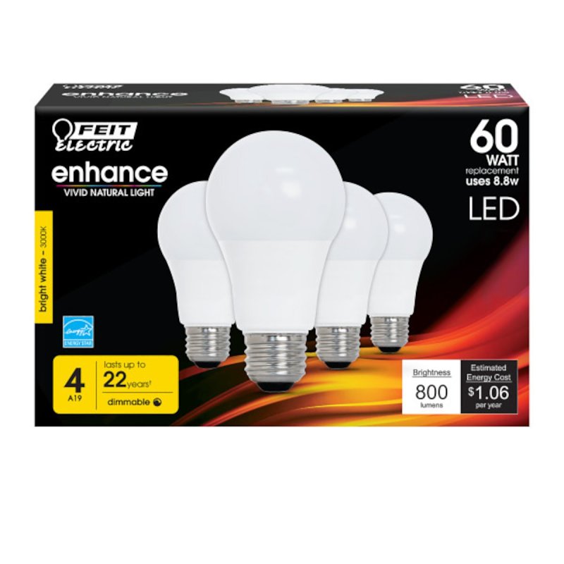 Feit Electric OM60DM/930CA/4 LED Bulb, General-Purpose, A19 Lamp, 60 W Equivalent, E26 Medium Lamp Base, Dimmable
