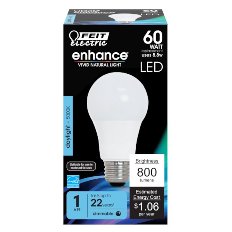 Feit Electric OM60DM/950CA LED Lamp, General Purpose, A19 Lamp, 60 W Equivalent, E26 Lamp Base, Dimmable, Daylight Light