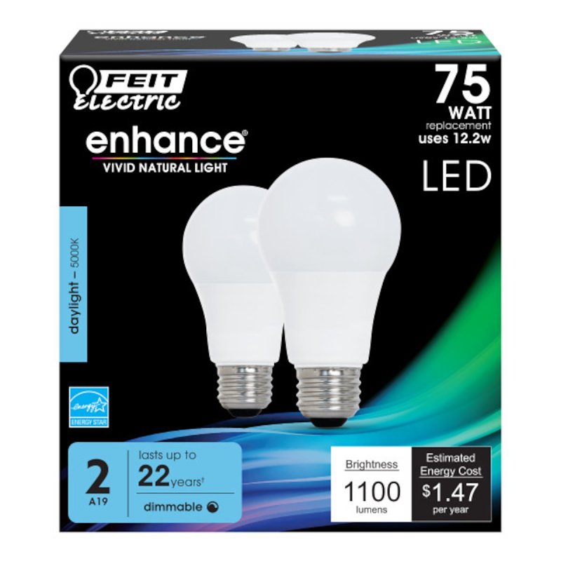 Feit Electric OM75DM/950CA/2 LED Lamp, 1100 Lumens, 12.2 W, A19 Lamp, 75 W Equivalent, E26 Lamp Base
