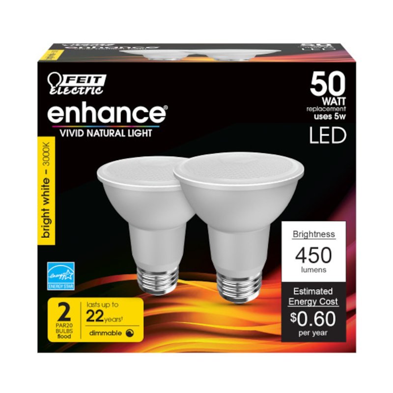 Feit Electric PAR20DM/930CA/2 LED Lamp, 120 V, 450 Lumens, 5 W, PAR20 Lamp, 50 W Equivalent, E26 Lamp Base