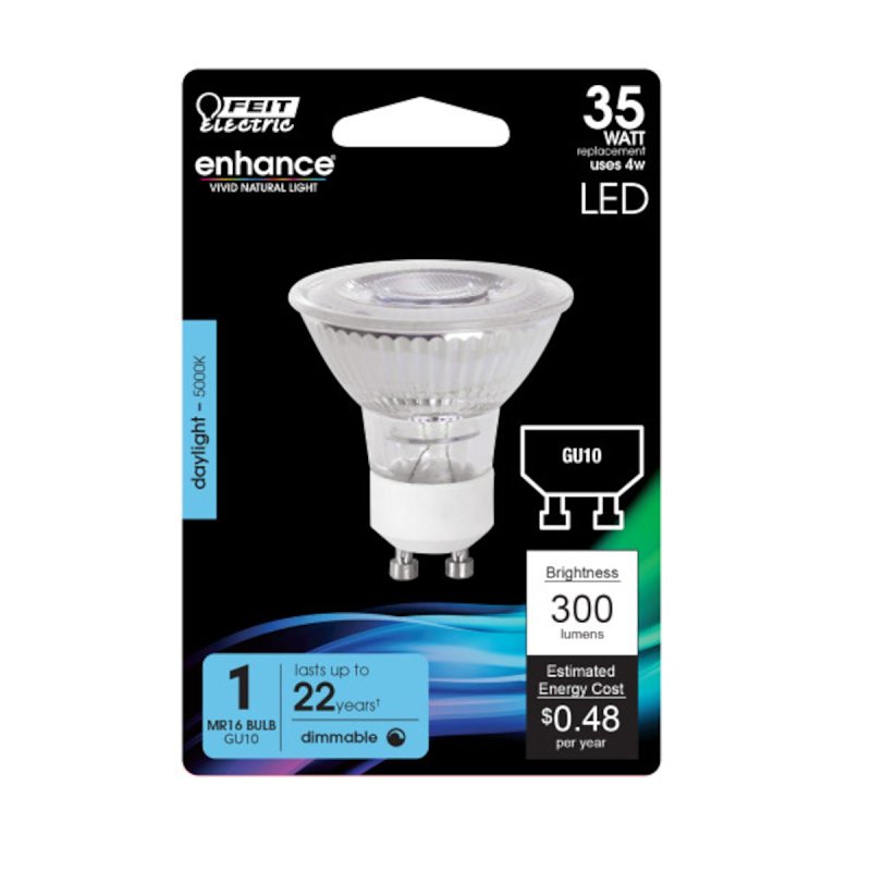 Feit Electric BPMR16/GU10/950CA LED Bulb, Track/Recessed, 300 Lumens, 4 W, MR16 Lamp, 35 W Equivalent, GU10 Lamp Base