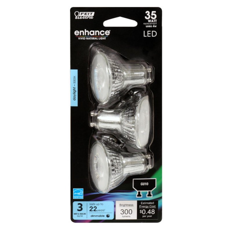 Feit Electric BPMR16/GU10/950CA/3 LED Bulb, 300 Lumens, 4 W, MR16 Lamp, 35 W Equivalent, GU10 Lamp Base
