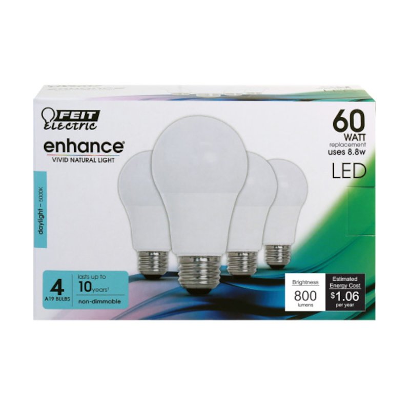 Feit Electric OM60/950CA10K/4 LED Bulb, General Purpose, 800 Lumens, 10.6 W, A19 Lamp, 60 W Equivalent, E26 Lamp Base