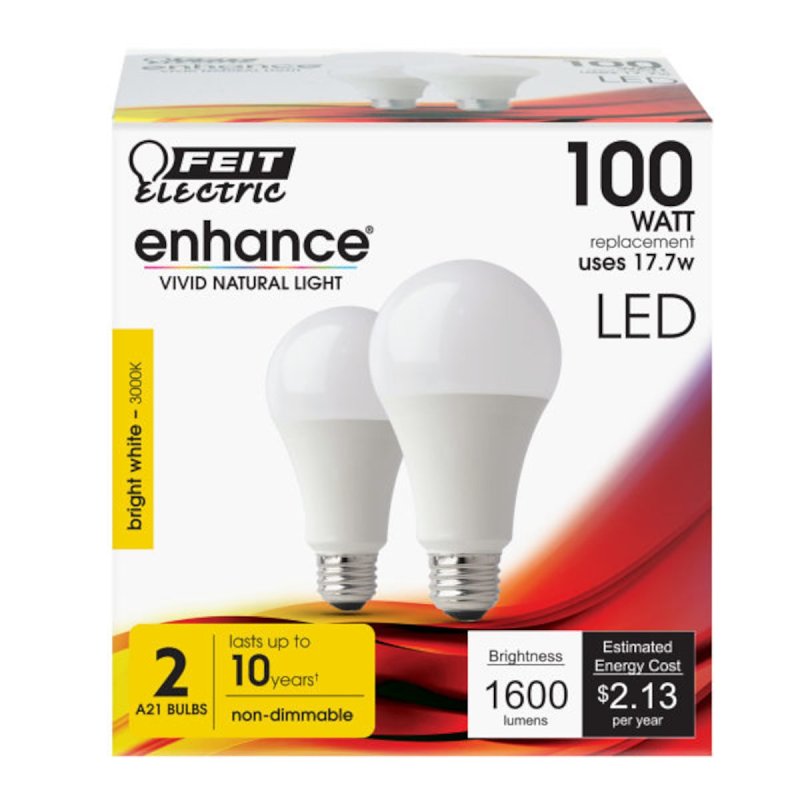 Feit Electric OM100/930CA10K/2 LED Bulb, General Purpose, 1600 Lumens, 17.7 W, A21 Lamp, 100 W Equivalent, Bright White