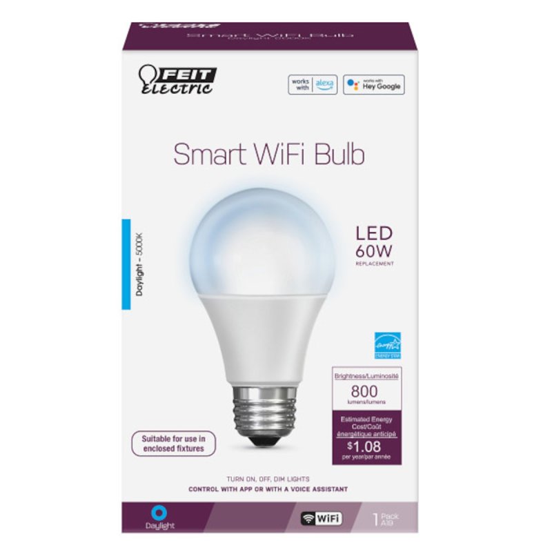 Feit Electric OM60/950CA/AG Smart Bulb, 800 Lumens, 5000 K Color Temp, 9 W, Wi-Fi Connectivity: Yes, Voice Control
